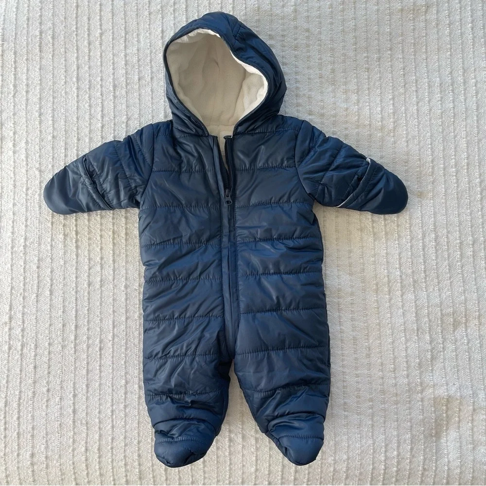 Bundle of two baby winter snowsuits, novelty penguin and neutral navy size 0-3